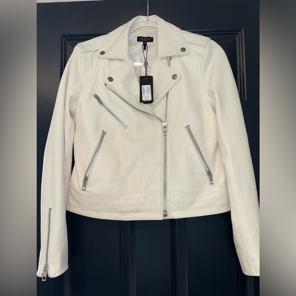 NWT RAG & BONE LEATHER MERCER MOTO JACKET. OFF WHITE, SIZE SMALL.